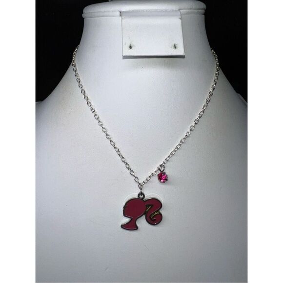 Mattel Silver Tone and Pink Enameled Barbie Silhouette with Pink Rhinestone Neck - Picture 1 of 9